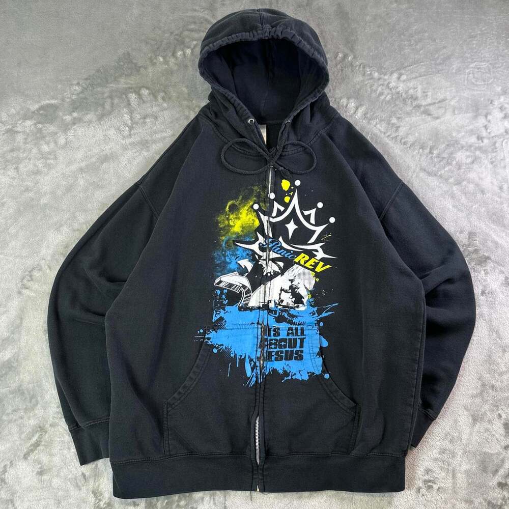 Y2K Graphic Skater Zip Up Hoodie XL Black Panic Rev Jesus Faith Crown Graphic